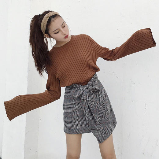 【服饰鞋包】秋冬新款7822韩版高腰蝴蝶结不规则A字裙加呢料厚夹棉格子半身裙 商品图0