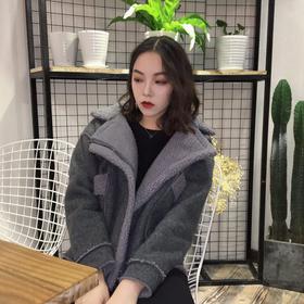 【毛呢外套女】秋冬女装加绒羊羔毛机车服毛呢韩版短款立领夹克外套女潮