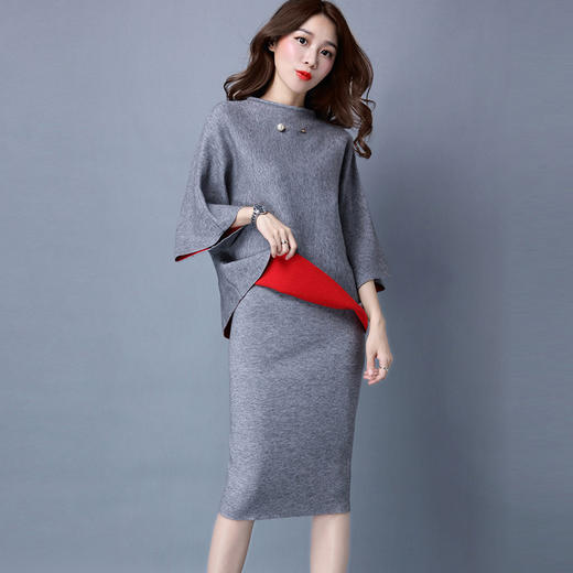 【套装】秋季新款时尚女装两件套韩版撞色半高领针织修身包臀裙套装女 商品图0