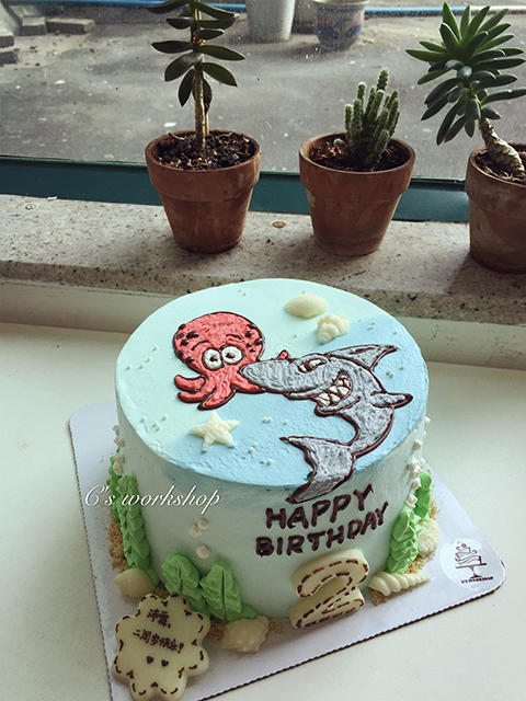 手绘海洋世界主题忌廉蛋糕默认自提收费配送请联系客服