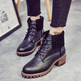 【服饰鞋包】冬季新款韩版加绒卷卷毛系带马丁鞋木头跟女短靴休闲女靴子