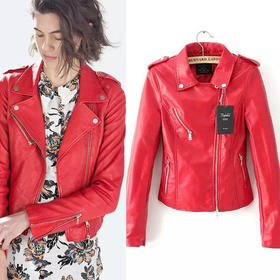 【皮衣女】秋冬季新品女装欧美红色皮衣拉链式机车夹克外套