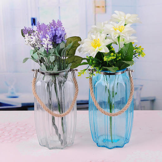 【花瓶】。欧式乡村创意花瓶竖条纹彩色透明玻璃水培家居装饰花器摆件工艺品 商品图0