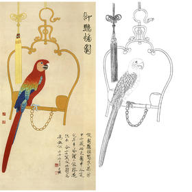 竖幅工笔花鸟动物白描底稿-俞致贞鹦鹉《御鹦鹉图》-多种白描尺寸可选-GV05