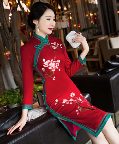 C7225传统毛呢旗袍长款秋冬 商品图1