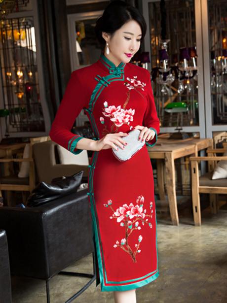 C7225传统毛呢旗袍长款秋冬 商品图0