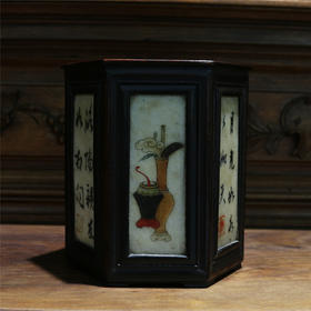 民国  红木六棱瓷片笔筒