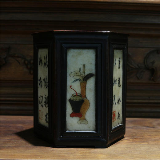 民国  红木六棱瓷片笔筒 商品图0