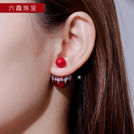 六鑫珠宝 蕾丝两用双面珍珠耳钉 925银 名媛气质 新年红 商品图0