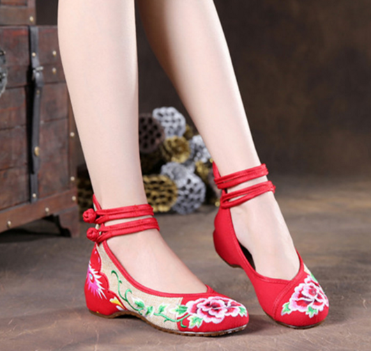 新品春款绽放芙蓉花拼色牛筋底内增高坡跟民族风情绣花女鞋