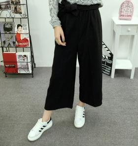 【九分阔腿裤】秋冬款女装时尚大方腰部松紧厚款呢料阔腿裤系带九分裤白搭