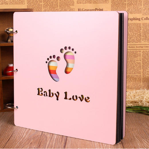 【相册】16寸木质宝宝DIY相册成长纪念册 创意手工粘贴式 粉色系木面 商品图0