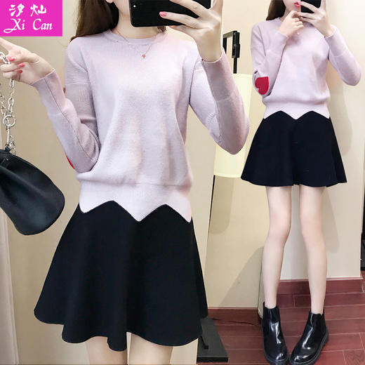 【套装】春季新款韩版女装刺绣毛衣套装裙子针织连衣裙两件套 商品图0