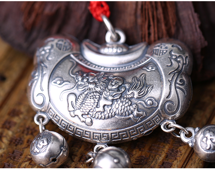 s990足银仿古麒麟童子宝宝锁长命锁送孩子