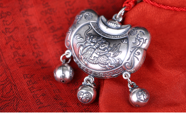 s990足银仿古麒麟童子宝宝锁长命锁送孩子