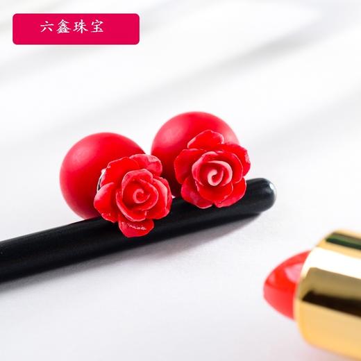 六鑫珠宝 925银红玫瑰花双面珍珠耳钉 气质简约 商品图3