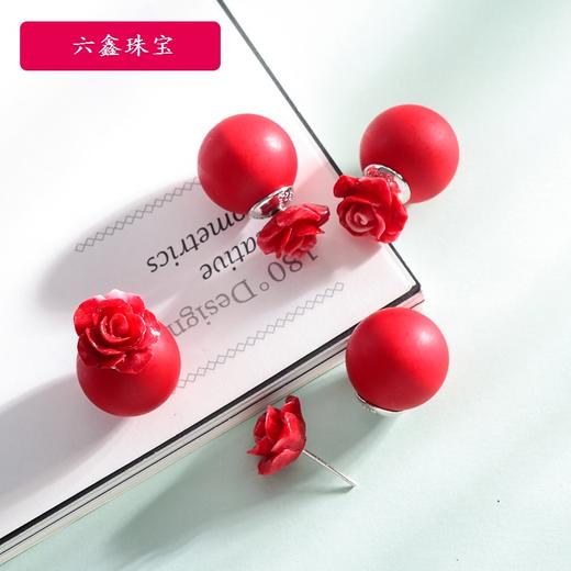 六鑫珠宝 925银红玫瑰花双面珍珠耳钉 气质简约 商品图1
