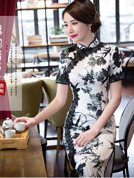 c7209新款发长款高开叉黑白仿丝花边旗袍