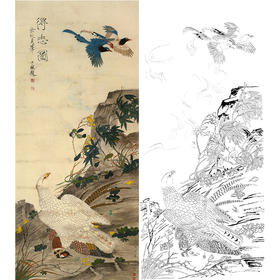 竖幅工笔花鸟白描底稿-老鹰-俞致贞《得志图》-多种白描尺寸可选-HV04
