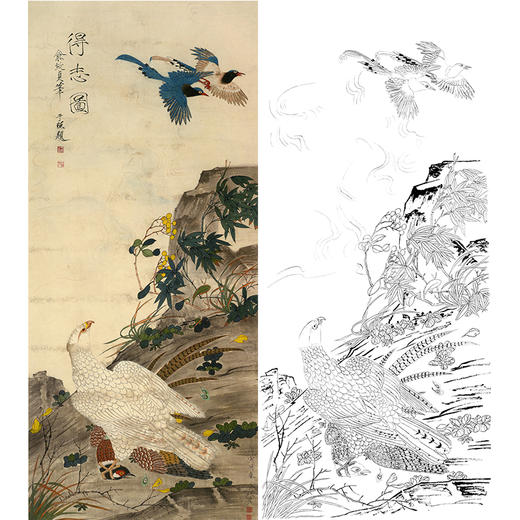 竖幅工笔花鸟白描底稿-老鹰-俞致贞《得志图》-多种白描尺寸可选-HV04 商品图0