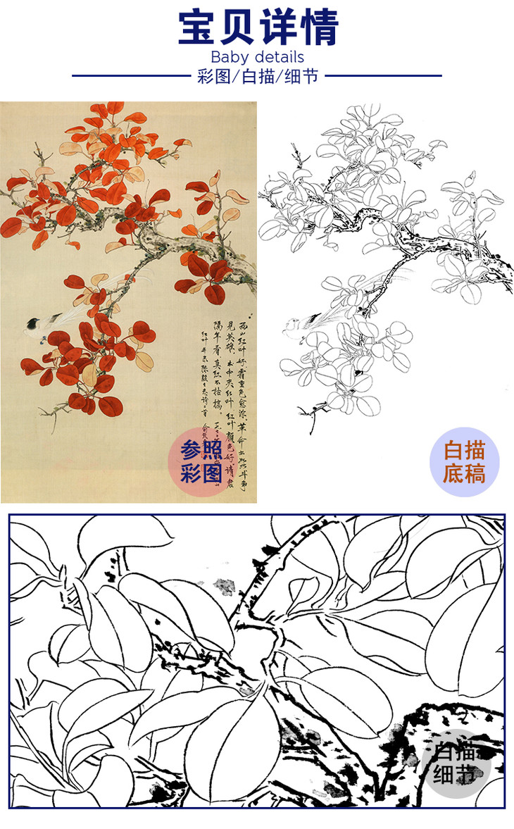 竖幅工笔花鸟白描底稿俞致贞红叶hv08
