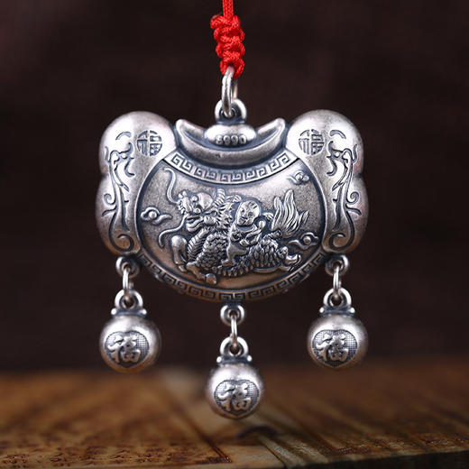 s990足银仿古麒麟童子宝宝锁长命锁送孩子