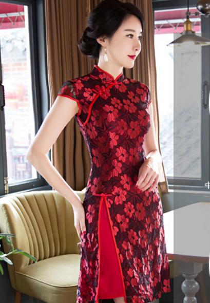 C5017新款绿色短旗袍高开叉性感蕾丝修身旗袍 商品图3