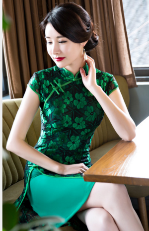 C5017新款绿色短旗袍高开叉性感蕾丝修身旗袍