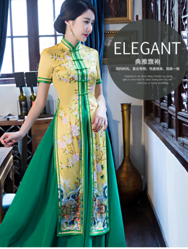 C9004春夏秋冬新款旗袍裙长款旗袍两件套表演礼服