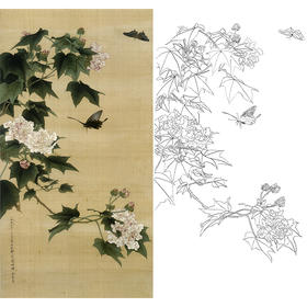 竖幅工笔花鸟白描底稿-俞致贞-芙蓉花蝴蝶《芙蓉蛱蝶》-多种白描尺寸可选-JV08