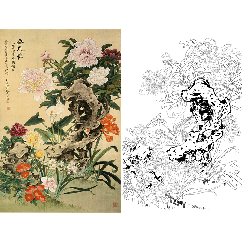 竖幅工笔花鸟白描底稿-牡丹-俞致贞香永在-JV04