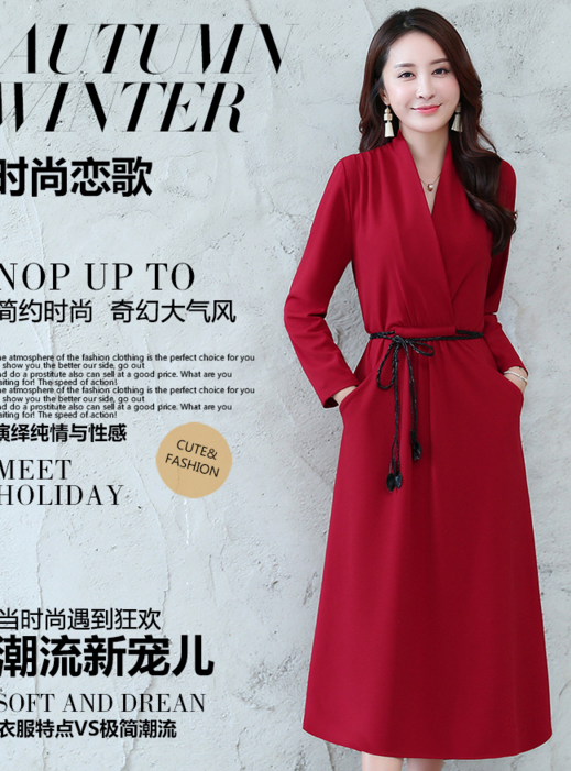 CQ620新品OL气质V领显瘦职业长袖长款裙