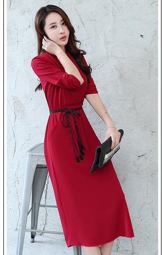 CQ620新品OL气质V领显瘦职业长袖长款裙 商品图1