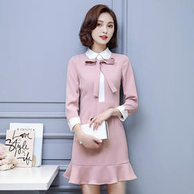 【服饰鞋包】春季新款女装连衣裙娃娃领系带修身显瘦百褶打底鱼尾裙