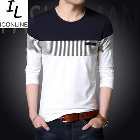 【服饰鞋包】春季新款品牌男装 时尚拼色男式圆领长袖T恤 韩版T恤 男
