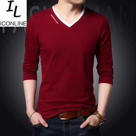 【服饰鞋包】春季新款品牌男装 简约纯色男式v领长袖T恤 韩版T恤 男