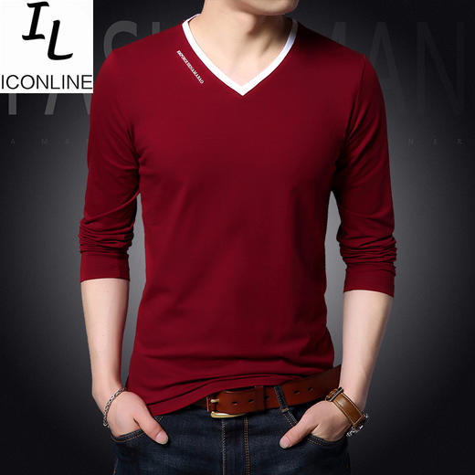 【服饰鞋包】春季新款品牌男装 简约纯色男式v领长袖T恤 韩版T恤 男 商品图0