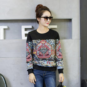 【服饰鞋包】春秋装新款原创民族风印花长袖t恤女款打底衫女士上衣