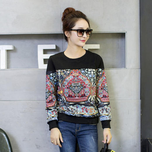 【服饰鞋包】春秋装新款原创民族风印花长袖t恤女款打底衫女士上衣 商品图0