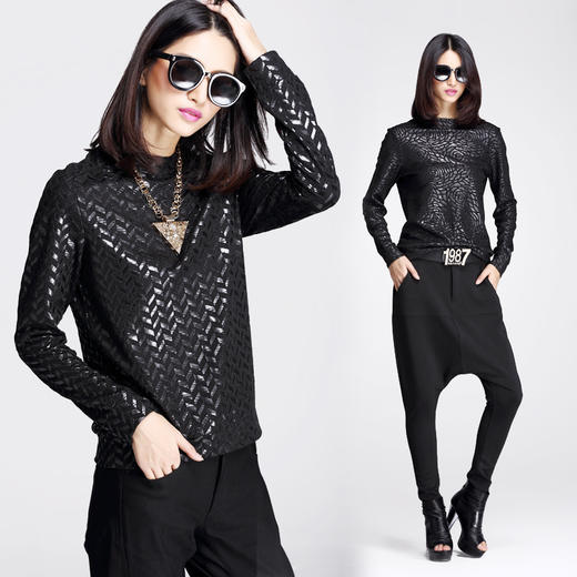 【服饰鞋包】欧洲站女士T恤春秋个性修身圆领长袖T恤 欧美时尚打底上衣潮 商品图0