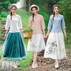 【服饰鞋包】民族风女装春秋装女士修身显瘦打底上衣刺绣棉麻女式七分袖t恤衫