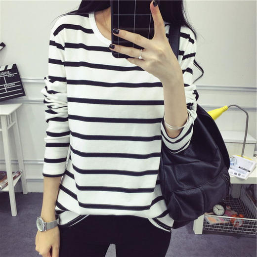 【服饰鞋包】春秋季学生女装衣服修身百搭女士打底衫上衣圆领条纹长袖T恤 商品图0