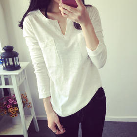 【服饰鞋包】。春秋新款纯色竹节棉长袖t恤女士打底衫简约宽松大码v领体恤潮