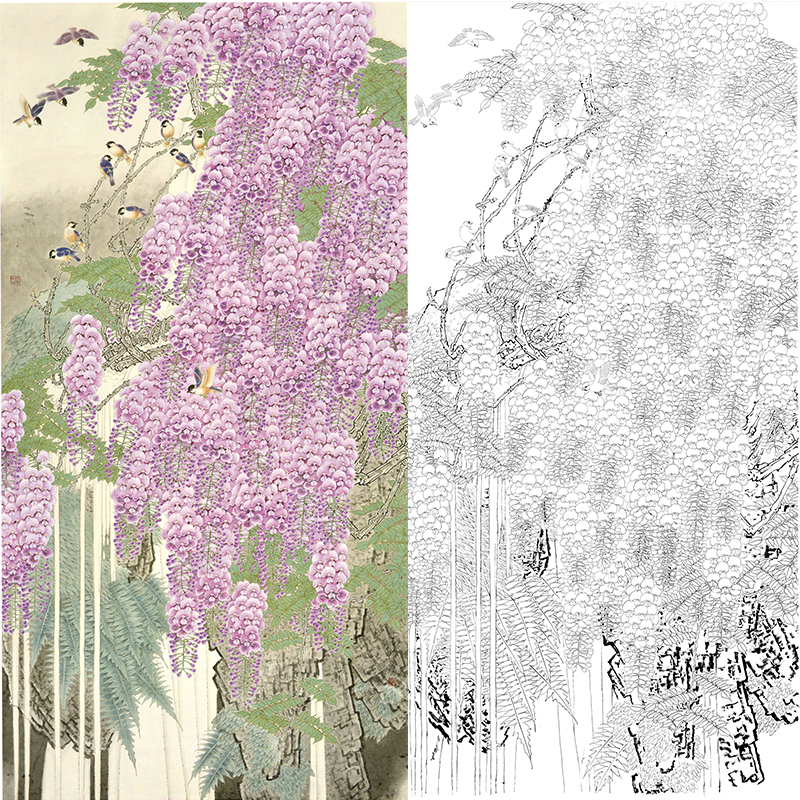 竖幅工笔花鸟白描底稿-周彦生-紫藤《春晖浪漫》-多种白描尺寸可选-QN01