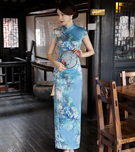 ZA梨花落  新款复古改良中式丝绸长款旗袍