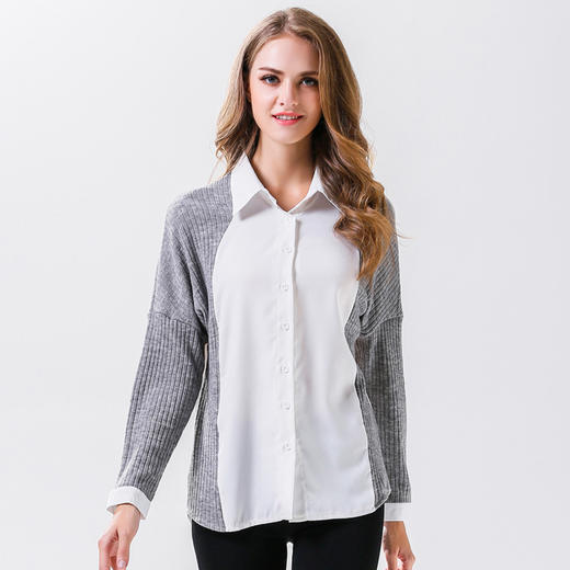 【服饰鞋包】秋装新款欧美风毛线拼接撞色长袖衬衫 女式衬衣 商品图0