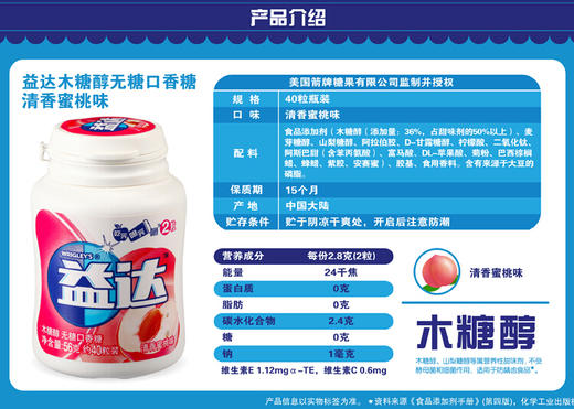 【百汇到家】益达无糖木糖醇口香糖蜜桃味1瓶约40粒 口气清新戒烟提神糖 商品图1