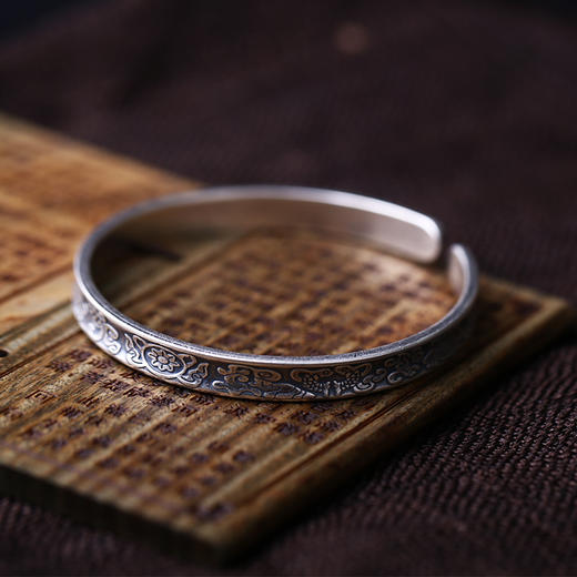 纯银佛教八宝吉祥开口手镯祈福吉祥平安