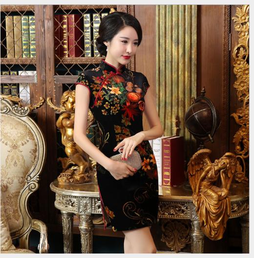 XL115金丝绒优雅气质短款旗袍 商品图1