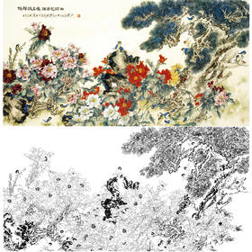 横幅工笔花鸟白描底稿白描底稿-王道中牡丹-QA06